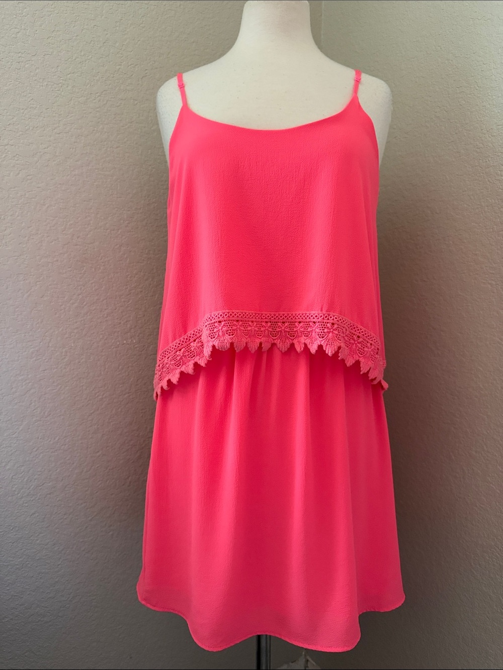 Sage Coral Pink Spaghetti Strap Sundress with Lace Trim